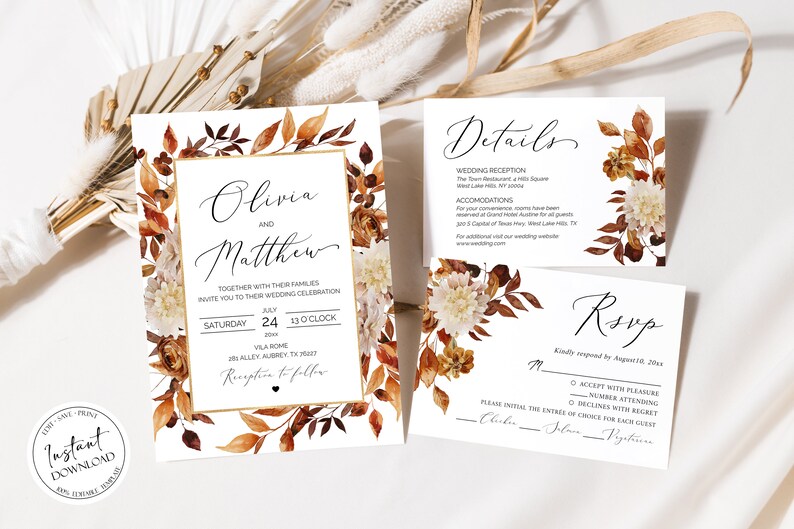 May include: Wedding invitation suite with a floral design featuring fall colors like orange, brown, and cream. The invitation includes the names Olivia and Matthew, the date Saturday, July 24, and the time 1:30 o'clock. The details card includes information about the wedding reception and accommodations. The RSVP card includes a place for guests to indicate their attendance.