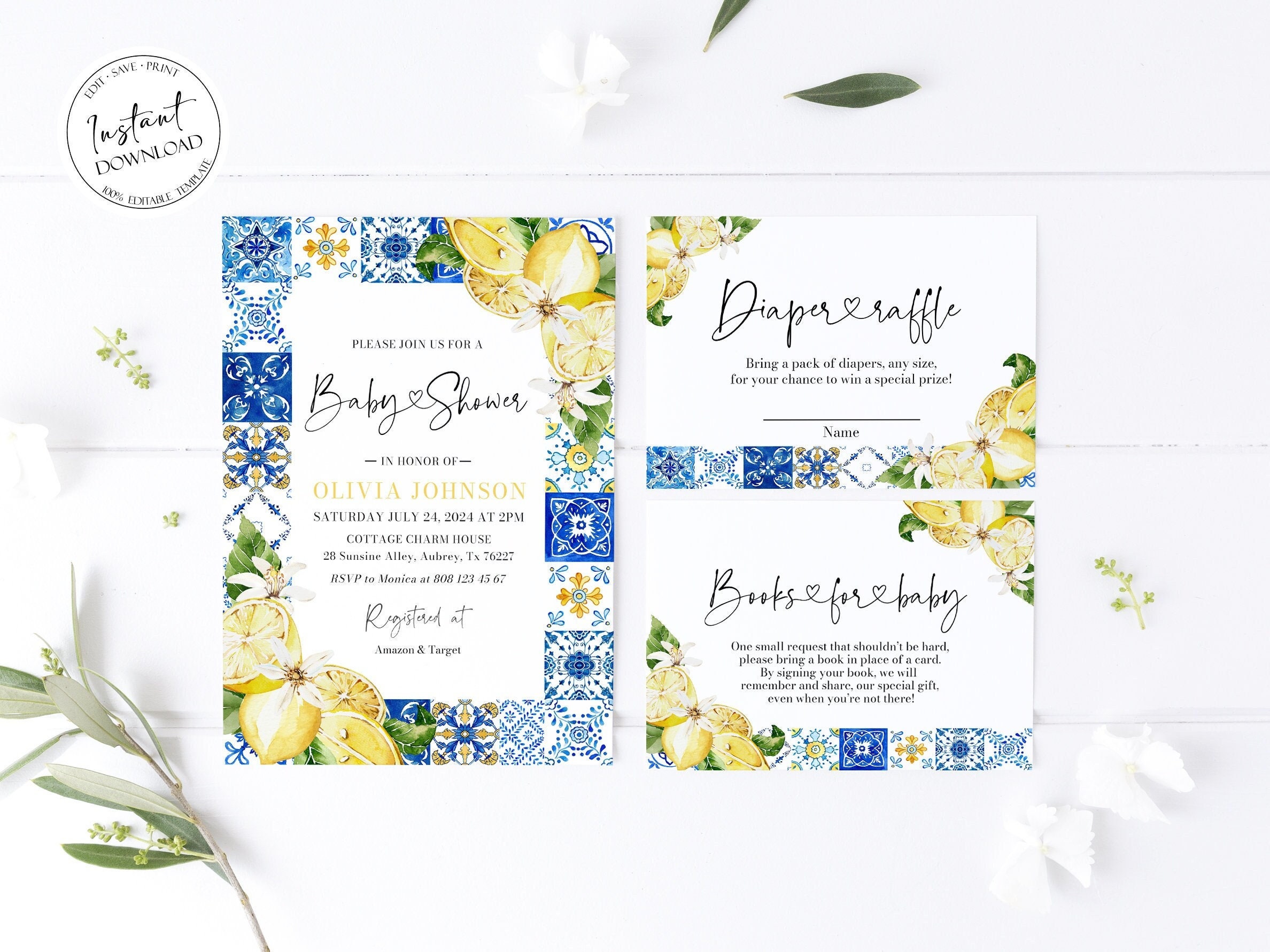 ベイビー Positano Blue Tiles Lemon Baby Shower Invitation Bundle