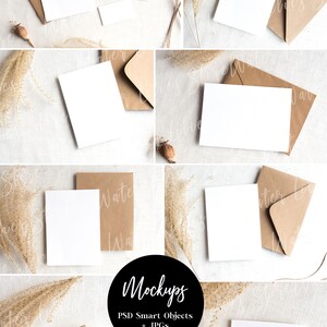 May include: Mockup of a blank white card with a brown envelope on a white textured background. The card is surrounded by dried pampas grass. The text "Mockups PSD Smart Objects + JPGs" is in a black circle.