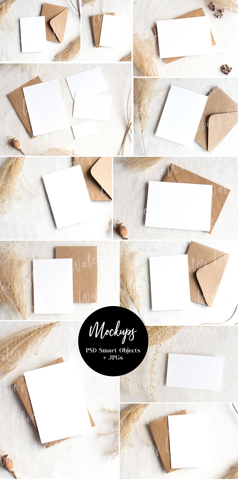 May include: Mockup of a blank white card with a brown envelope on a white textured background. The card is surrounded by dried pampas grass. The text "Mockups PSD Smart Objects + JPGs" is in a black circle.
