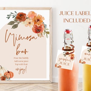 Pu&ograve; includere: Un cartello per un bar Mimosa, con decorazioni floreali e le parole "Mimosa bar". Sono mostrate anche due bottiglie con etichette di succo che dicono "succo di pompelmo" e "succo d'arancia".