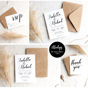 May include: Mockup of wedding stationery with a rustic theme. The set includes a wedding invitation, RSVP card, and thank you card. Each card is printed on white cardstock and features black calligraphy text. The cards are displayed on a white background with dried pampas grass.
