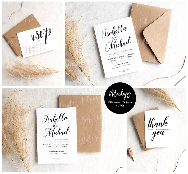 May include: Mockup of wedding stationery with a rustic theme. The set includes a wedding invitation, RSVP card, and thank you card. Each card is printed on white cardstock and features black calligraphy text. The cards are displayed on a white background with dried pampas grass.
