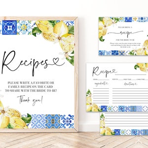 Plantilla de tarjeta de receta de despedida de soltera de limón de azulejo azul italiano, tarjeta de receta de cocina mediterránea Positano Costa de Amalfi Tarjeta de receta imprimible M1