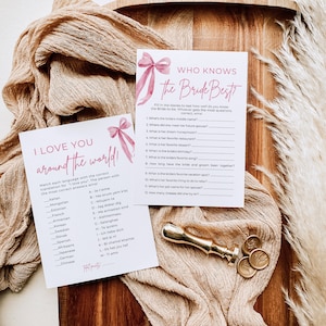 She's Tying the Knot Bridal Shower Games, Pink Bow Bridal Shower Game Bundle, Printable Pink Ribbon Bow Bridal Party Games Package TK1