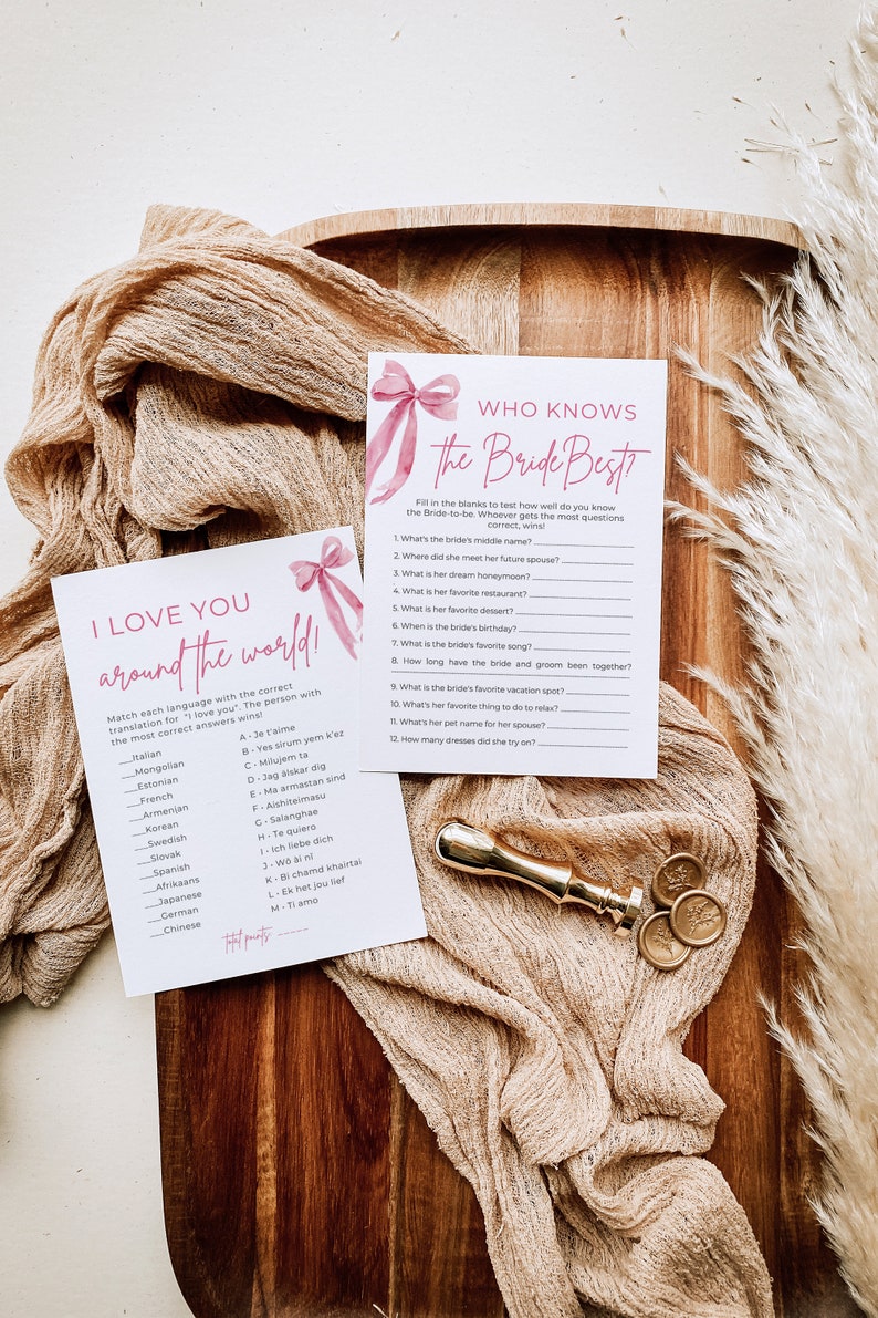 She's Tying the Knot Bridal Shower Games, Pink Bow Bridal Shower Game Bundle, Printable Pink Ribbon Bow Bridal Party Games Package TK1