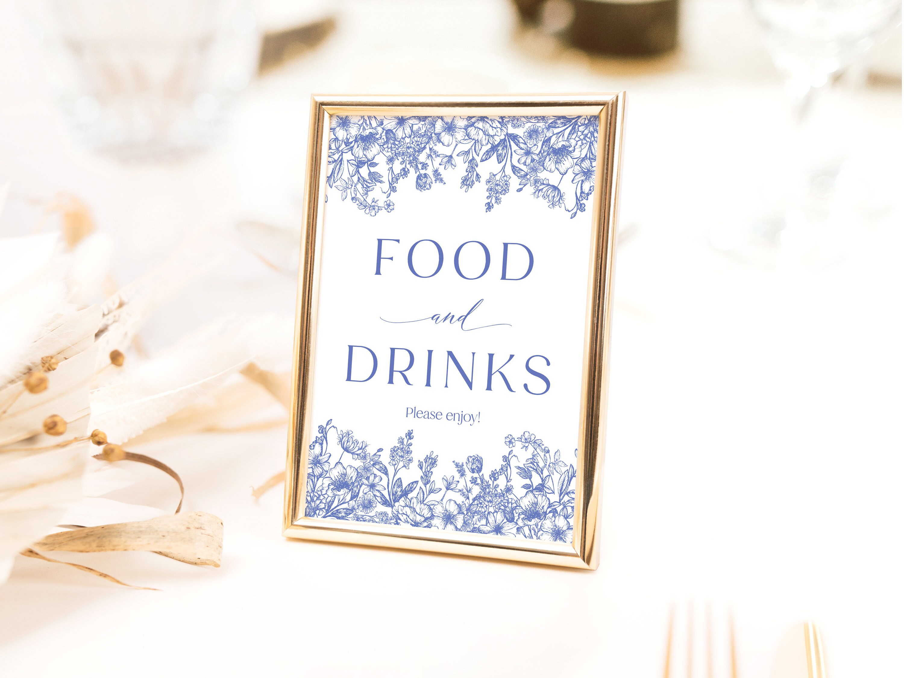 Table Food Sign Color Blue Floral Food and Drinks Sign Template, Vintage Botanical Wedding ...