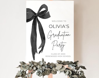 Black Bow Graduation Party Welcome Sign, Class 2026 Graduate, Modern Graduation Poster, Black Bow Coquette High School Grad Party Sign PG1