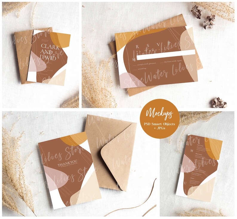 May include: Mockup of a wedding invitation suite with a brown, beige, and pink abstract design. The invitation includes the text "Clark and David" and "Water Lilies". The suite also includes a thank you card and a RSVP card.