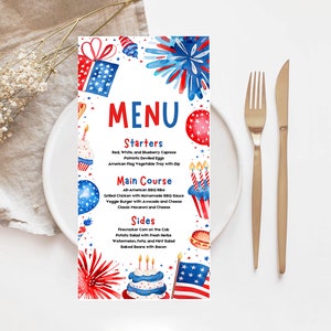 Modello modificabile di scheda menu del 4 luglio, menu per cena patriottica del 4 luglio, decorazioni per la tavola di compleanno americane a stelle e strisce LF1