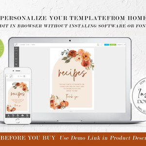 Fall Recipe Card Template, Editable Arch Boho Fall Bridal Shower Recipe ...