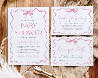 May include: Pink and white baby shower invitation with a pink bow and the text "Please join us for a baby shower honouring mom to be Isabella Andersen. Saturday, August 7 at 5pm. The Johnsons Residence 2584 Aoloa Street, Kailua, HI 96734. RSVP to Abbey at 513-205-8384. Registered at Target & Amazon."  Two additional cards are included, one with the text "Books for baby. One small request that shouldn't be hard. Please bring a book in place of a card. By signing your book, we will remember and share, our special gift. Even when you're not there!" and the other with the text "Diaper Raffle. Bring a pack of diapers, any size. For your chance to win a special prize! Name:________"