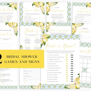 Puede incluir: Doce juegos y letreros imprimibles para una despedida de soltera con un patrón de azulejos azules y limones. Los juegos incluyen "Would She Rather", "Over or Under", "How Old Was the Bride-to-be", "Drink If", "What's in Your Purse", "Bride or Groom", "Wedding Scramble", "Bridal Bingo", y "Saying I Love You Around the World".