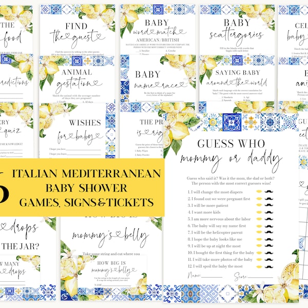 Editable Blue Tile Lemon Baby Shower Games, Italian Amalfi Coast Baby Shower Game Bundle, Mediterranean Positano Summer Baby Shower Game M5