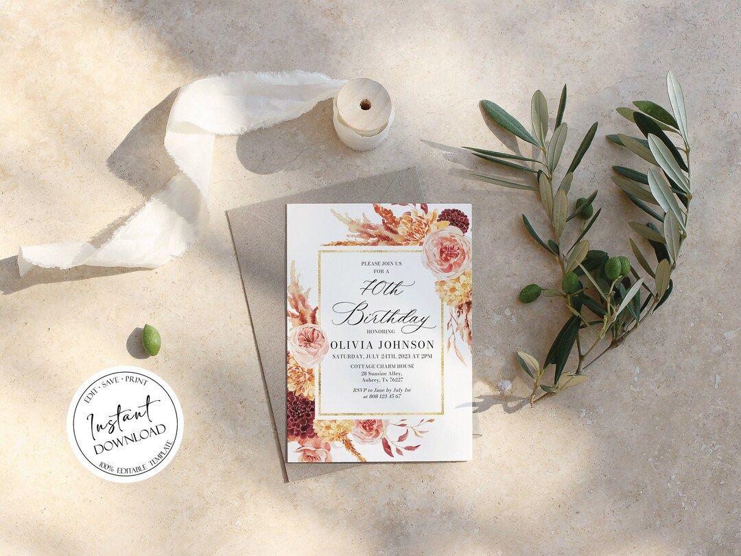 70th Birthday Invitation Template Any Age Birthday Party Invitation