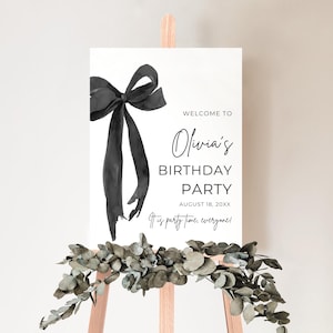 Editable Black Bow Birthday Welcome Sign Template, Minimalist Black Bow Birthday Poster, Black Ribbon Coquette 30th 40th 50th Birthday Party