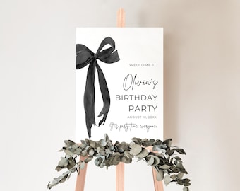 Editable Black Bow Birthday Welcome Sign Template, Minimalist Black Bow Birthday Poster, Black Ribbon Coquette 30th 40th 50th Birthday Party