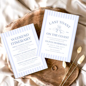 Op de afbeelding: Twee blauw-wit gestreepte kaarten met de tekst "Weekend Itinerary" en "Last Toast on the Coast". De kaarten liggen op een houten oppervlak met een lichtbruine achtergrond.