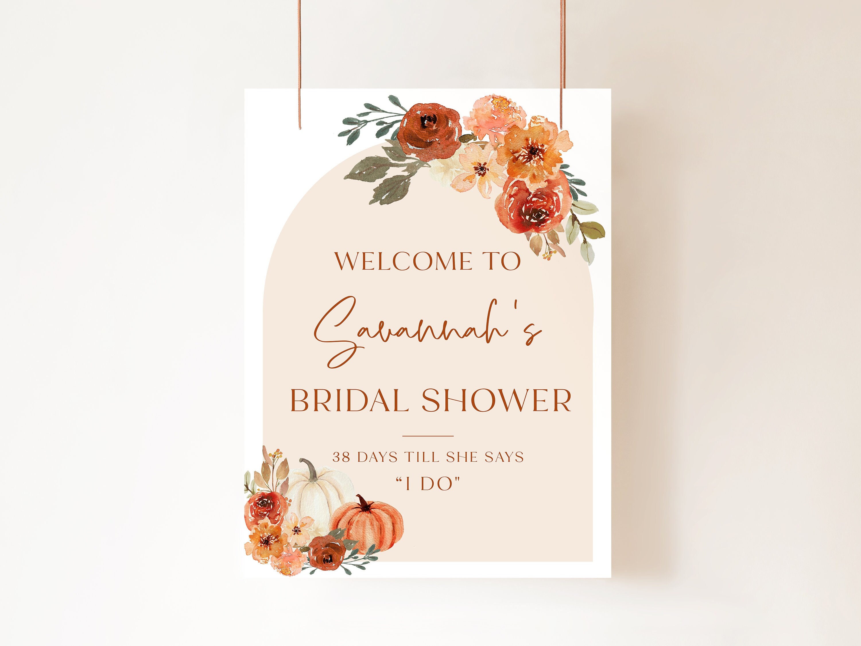 Fall in Love Bridal Shower Welcome Sign Template, Arch Boho Fall Bridal Shower Welcome Poster, Editable Autumn Pumpkin Bridal Shower Sign F1