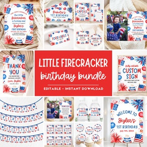 May include: A printable set of 1st birthday party decorations with a red, white, and blue watercolor theme. The set includes a welcome sign, a custom sign, food labels, thank you cards, a time capsule, a banner, cupcake toppers, and water bottle labels. The text on the signs says "Welcome to Skyler's 1st Birthday" and "Little Firecracker Birthday Bundle".