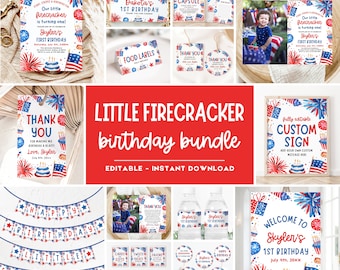 Little Firecracker 1st Birthday Invitation Bundle, 4th of July Birthday Bundle, Stars & Stripes Patriotic Fireworks 1st Birthday Decor LF1