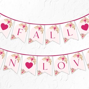 Fall in Love Bridal Shower Banner Template, Arch Boho Pink Pumpkin Bridal Shower Bunting Banner, Editable Autumn Bridal Shower Banner F2