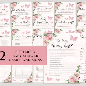 Butterfly Baby Shower Games Bundle, Whimsical Butterflies Blush Pink Gold Floral Baby Shower Games, Editable Pink Girl Baby Shower Game Set
