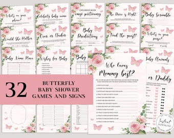Op de afbeelding: Een set van 32 afdrukbare babyborrelspellen en borden met een roze en groen bloemenontwerp met vlinders. De spellen omvatten "What's on your phone?", "Celebrity baby name", "Baby Predictions", "Find the guest!" en meer.