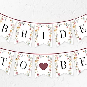 Wildflower Bridal Shower Bride to be Banner Template, Red Wildflowers Greenery Bridal Shower Bunting Banner, Meadow Garden Bridal Banner W10