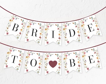Wildflower Bridal Shower Bride to be Banner Template, Red Wildflowers Greenery Bridal Shower Bunting Banner, Meadow Garden Bridal Banner W10