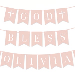 Altrosa Taufe God Bless Banner Vorlage, bearbeitbares Blush Pink Taufbanner, Erstkommunion Banner, Mädchen Rosa Taufe Banner Dekor