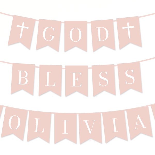 Dusty Pink Baptism God Bless Banner Template, Editable Blush Pink Christening Banner, First Communion Banner, Girl Pink Baptism Banner Decor