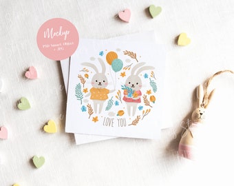 Square Easter Card Mockup, Spring Card Mockup, Invitation Mockup, White blank card mockup, Greeting card mockup, Stationery mockup, PSD
