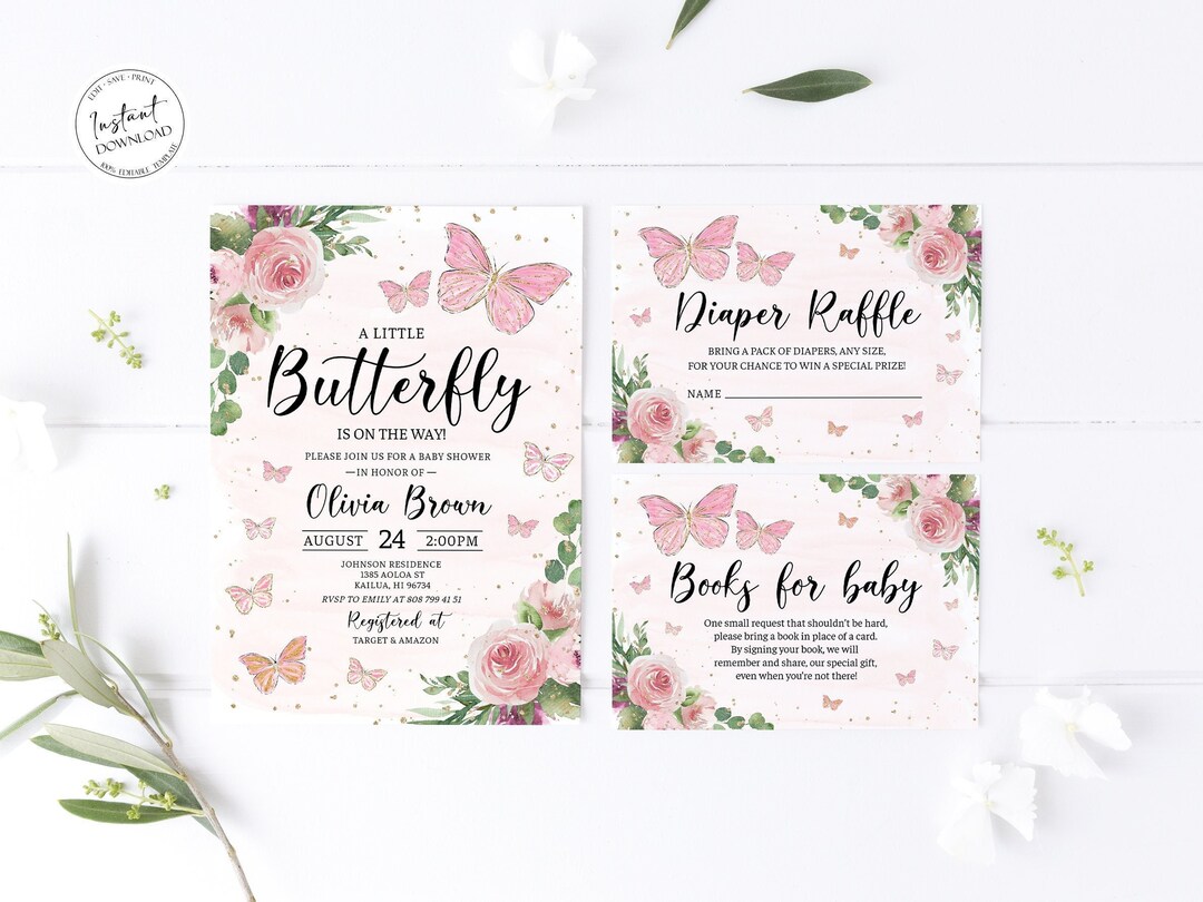 Butterfly Baby Shower Invitation Bundle, Girl Blush Pink Gold Floral ...