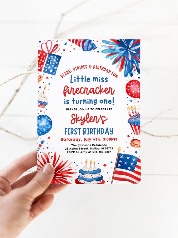 Little Miss Firecracker 1st Birthday Invitation, 4th of July Birthday Invitation, Girl Stars & Stripes Patriotic Birthday Invitation LF1