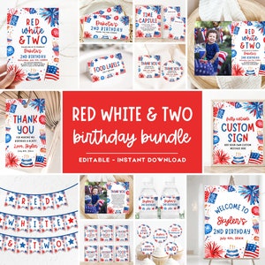 Red White and Two Birthday Invitation Bundle, 4th of July 2nd Birthday ...
