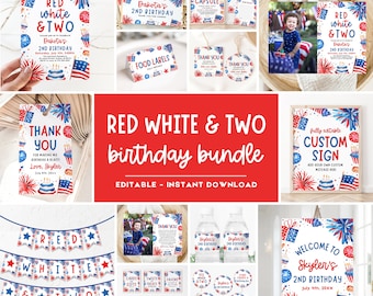 Red White and Two Birthday Invitation Bundle, 4th of July 2nd Birthday Invitation Bundle Patriotic Fourth of July Second Birthday Party  LF1