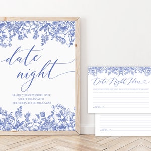 Blaue Blumen Datum Nacht Ideen Karten, viktorianisches blaues Datum Nacht Ideen Zeichen, druckbare blaue Vintage botanische Datum Nacht Karten Vorlage B3