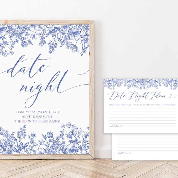 Blue Floral Date Night Ideas Cards, Victorian Blue Date Night Ideas Sign, Printable Blue Vintage Botanical Date Night Card Template B3