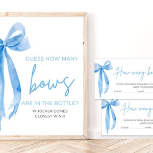 Blue Bow Guess How Many Bows Game, Printable Blue Ribbon Bow Coquette Guessing game, Minimalist She&#39;s Tying the Knot Bridal Shower Games TK2