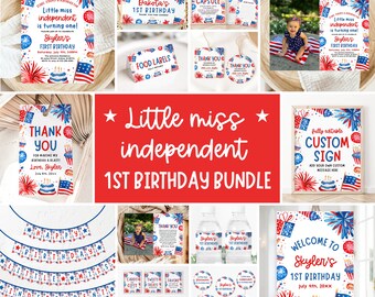 Little Miss Independent 1st Birthday Invitation Bundle, Girl 4th of July Birthday Bundle, Stars & Stripes Patriotic 1st Birthday Decor LF1
