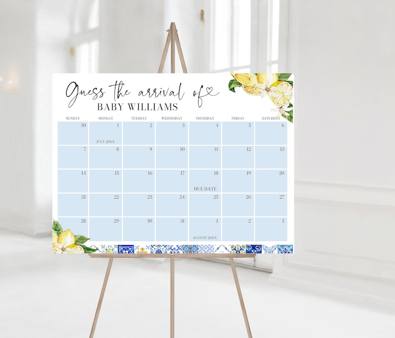 Pu&ograve; includere: Un calendario blu e bianco con limoni e un design floreale. Il calendario &egrave; intitolato "Indovina l'arrivo di Baby Williams" e comprende i mesi di luglio e agosto 20XX.
