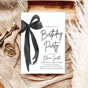 Plantilla de invitación de cumpleaños con lazo negro: invitación minimalista y coqueta (descarga digital)