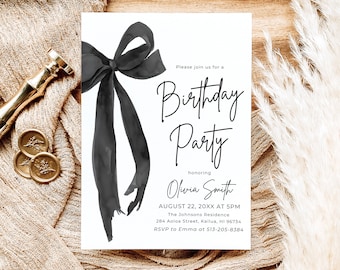 Editable Black Bow Birthday Invitation Template, Minimalist Black Bow Birthday Invite, Black Ribbon Coquette 30th 40th 50th Birthday Party