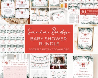 Może przedstawiać: Zestaw 90 elementów do wydruku na baby shower w stylu Santa Baby, w pełni edytowalnych. Zestaw zawiera gry, tablice i dekoracje w zimowym, leśnym stylu w kolorze czerwonym i zielonym. Tekst "Santa Baby Baby Shower Bundle" jest wyświetlany na czerwonej wstążce.