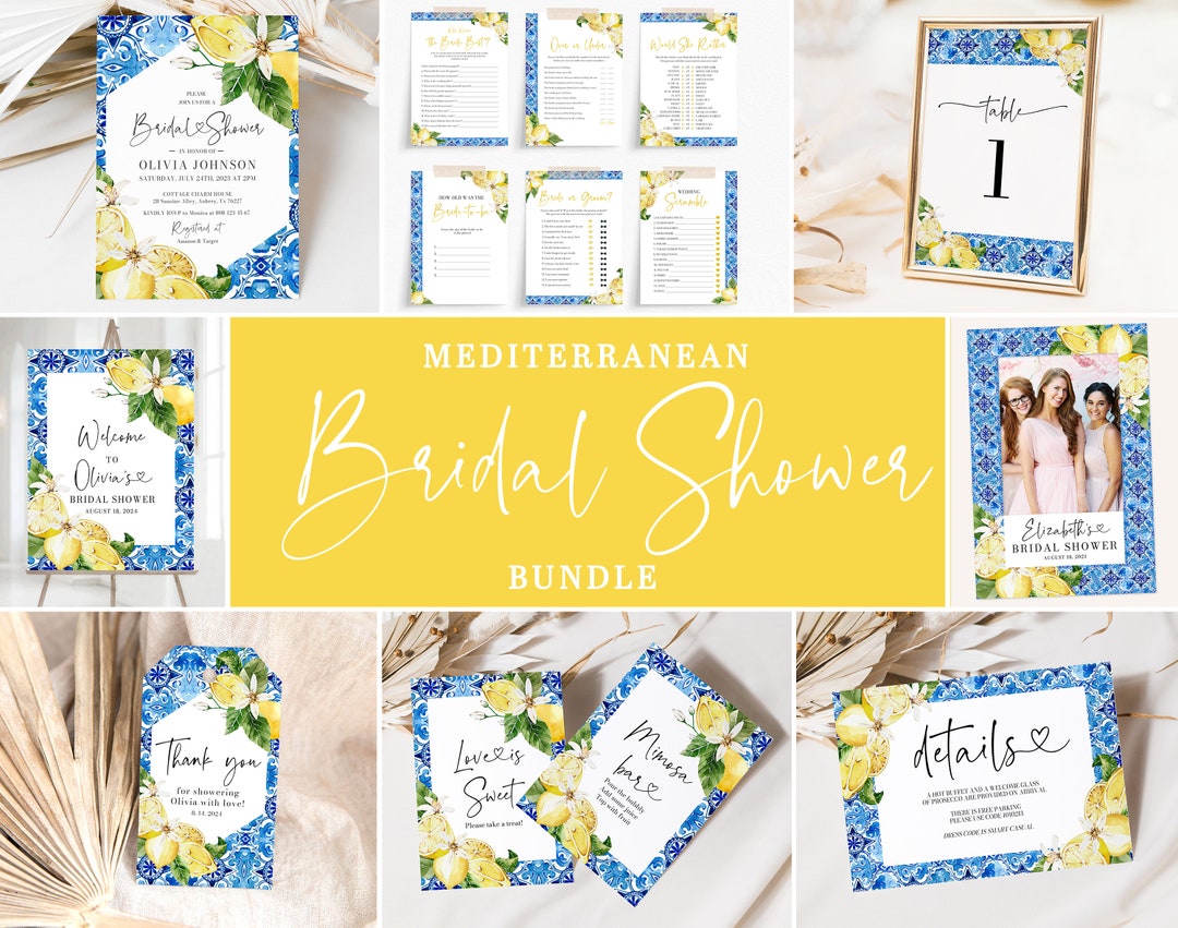 Blue Tiles Lemon Bridal Shower Bundle Mediterranean Bridal Shower Set ...