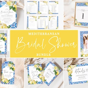 Blue Tiles Lemon Bridal Shower Bundle Mediterranean Bridal Shower Set Editable Amalfi Coast Shower, Greek Spanish Bridal Shower Suite M2