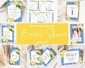 May include: A Mediterranean bridal shower printable bundle featuring a blue and white tile pattern, lemons, and greenery. The bundle includes a welcome sign, table number, invitation, thank you card, details card, and two cards that say "Love is Sweet" and "Mimosa Bar".