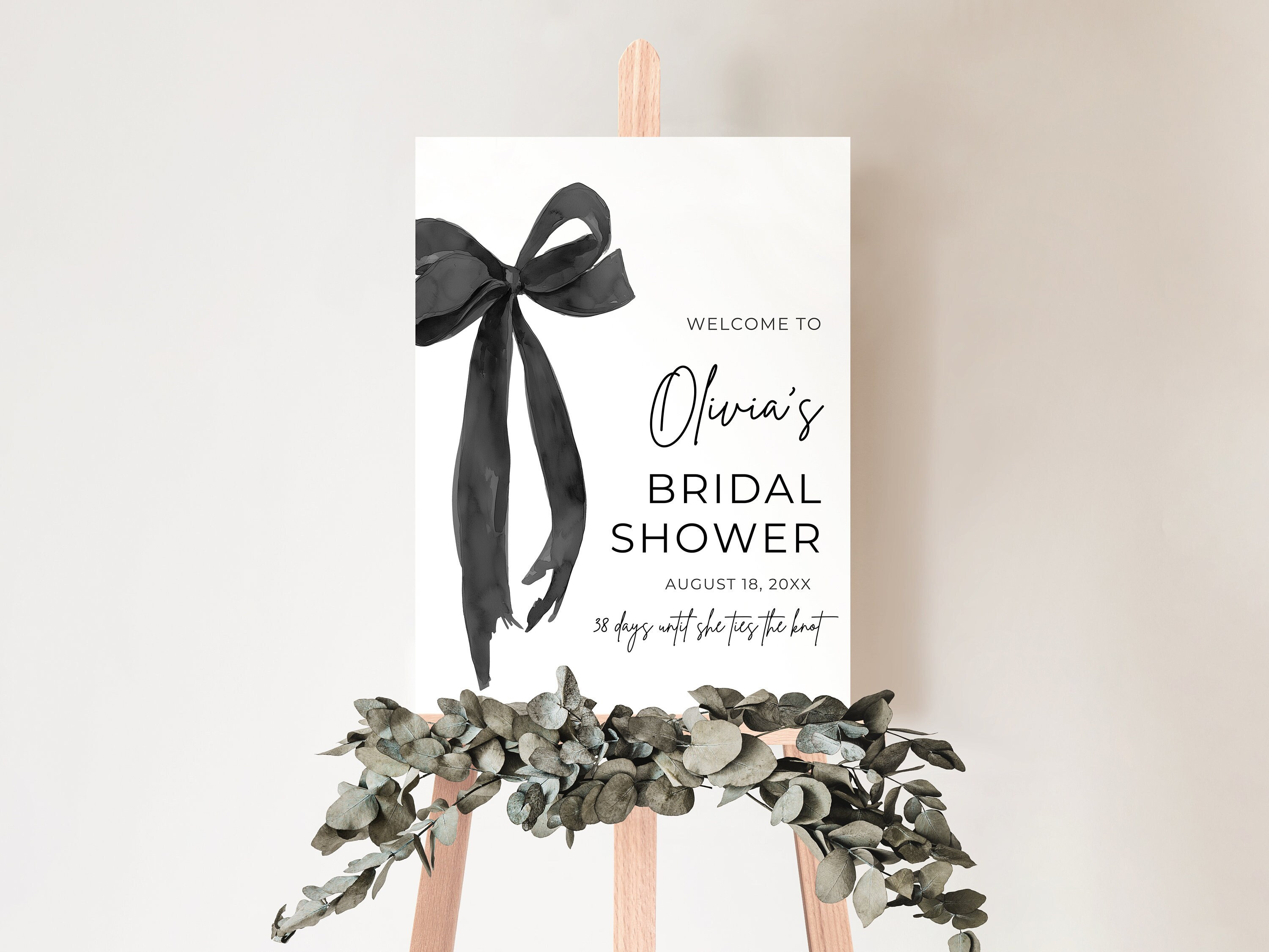 She's Tying the Knot Bridal Shower Welcome Sign Editable Minimalist Black Bow Bridal Shower Poster, Black Ribbon Bow Wedding Shower Sign