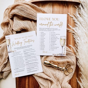 May include: Two printable game cards with gold accents. The first card is titled "Why Do We Do That? Wedding Traditions" and lists 15 wedding traditions with their meanings. The second card is titled "I Love You Around The World!" and lists 13 languages with their translations for "I love you".